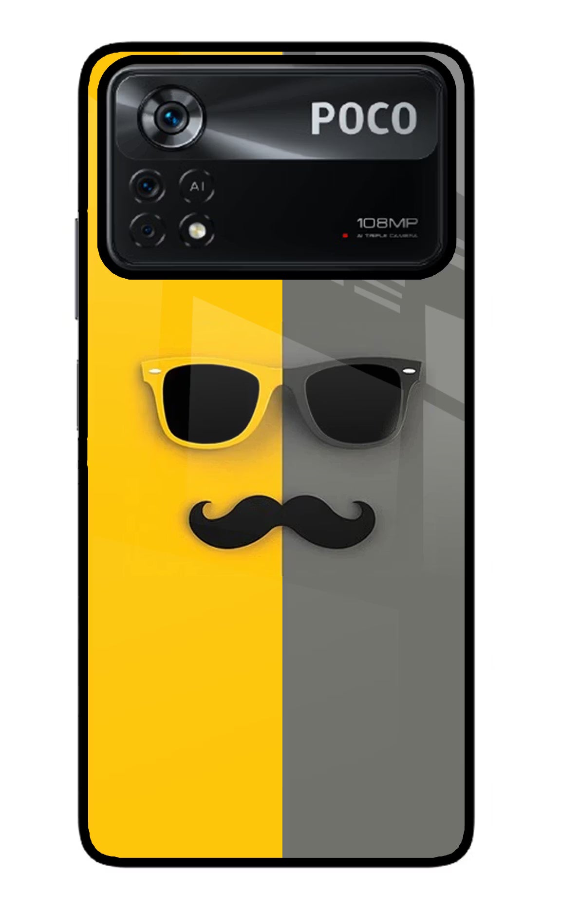 Sunglasses with Mustache Poco X4 Pro Glass Case Back Cover by Casekaro