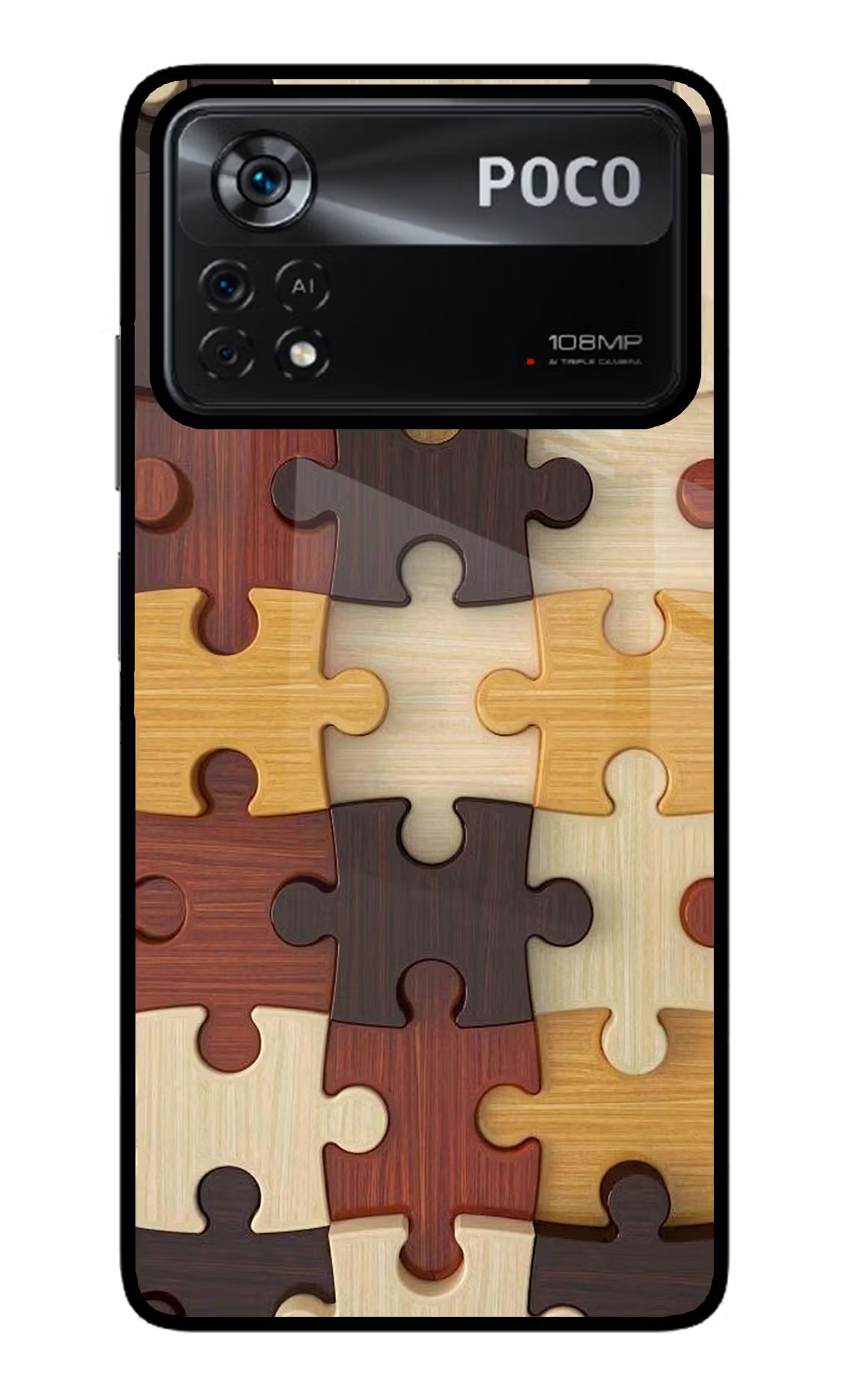 Wooden Puzzle Poco X4 Pro Glass Case Back Cover by Casekaro