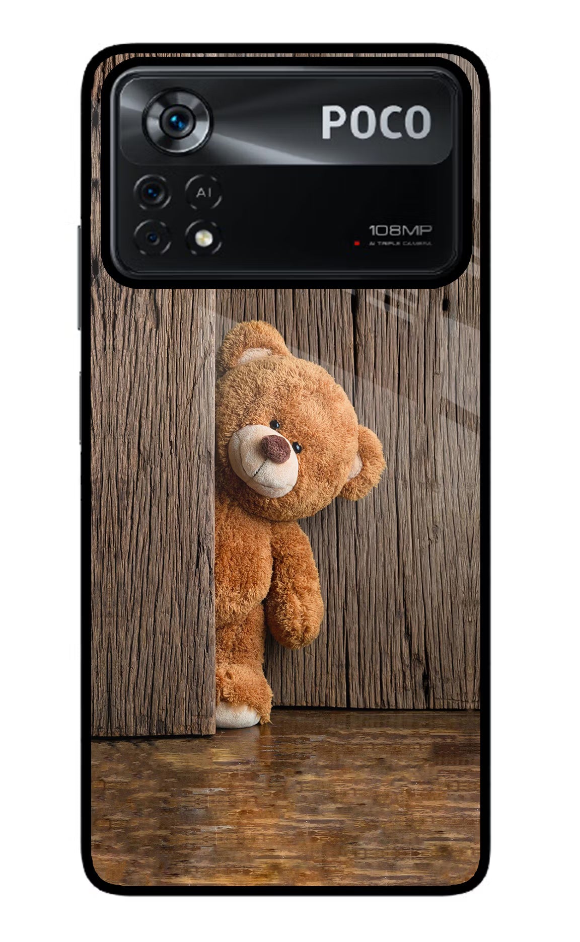 Teddy Wooden Poco X4 Pro Glass Case Back Cover by Casekaro