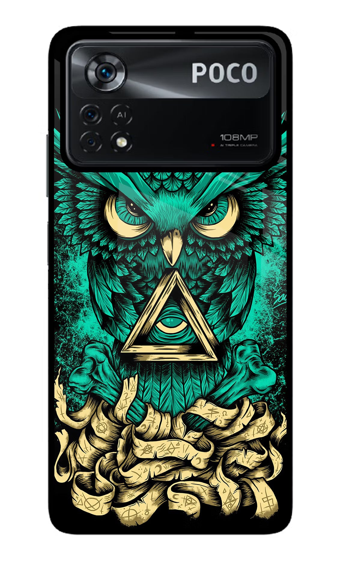 Green Owl Poco X4 Pro Glass Case Back Cover by Casekaro
