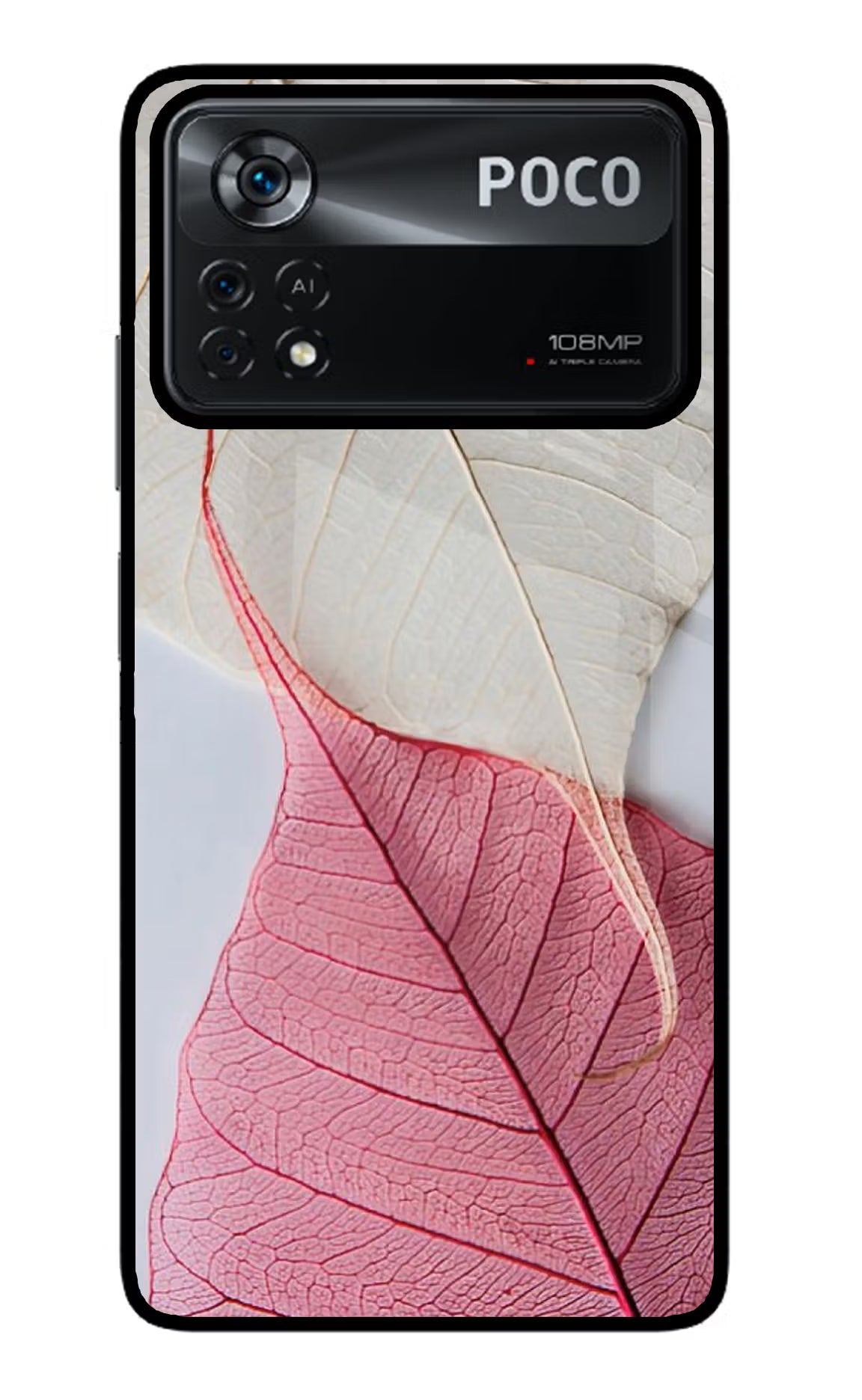White Pink Leaf Poco X4 Pro Glass Case Back Cover by Casekaro