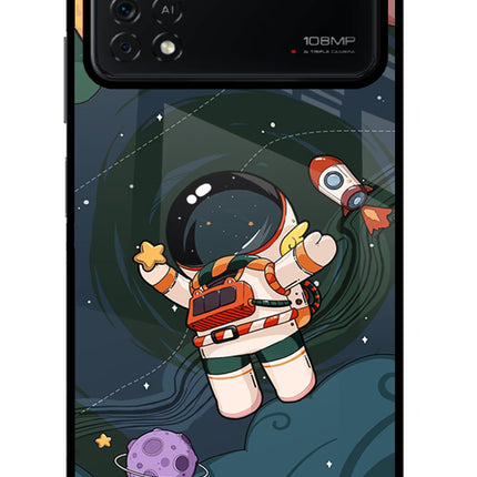 Cartoon Astronaut Poco X4 Pro Glass Case Back Cover by Casekaro