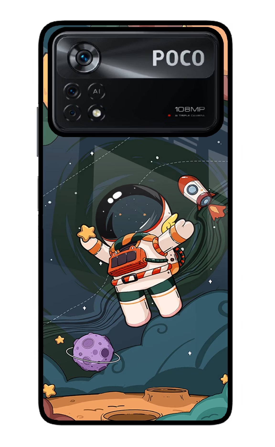 Cartoon Astronaut Poco X4 Pro Glass Case Back Cover by Casekaro