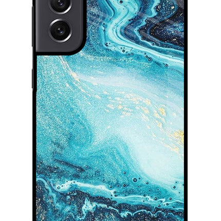 Blue Glitter Marble Samsung S21 FE 5G Glass Case Back Cover by Casekaro