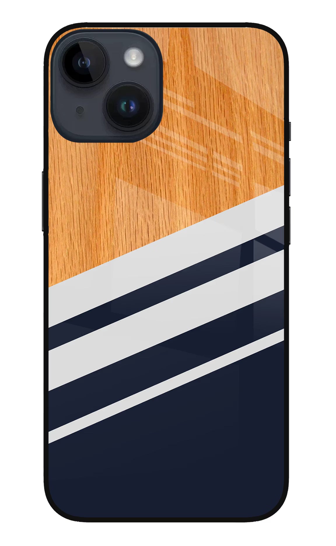 Blue and white wooden iPhone 14 Glass Case Back Cover by Casekaro