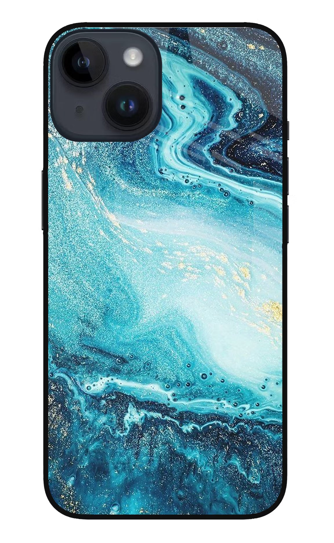 Blue Glitter Marble iPhone 14 Glass Case Back Cover by Casekaro