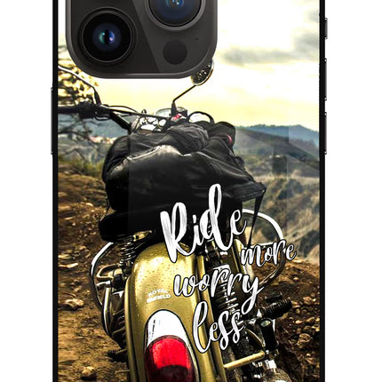 Ride More Worry Less iPhone 14 Pro Glass Case Back Cover by Casekaro