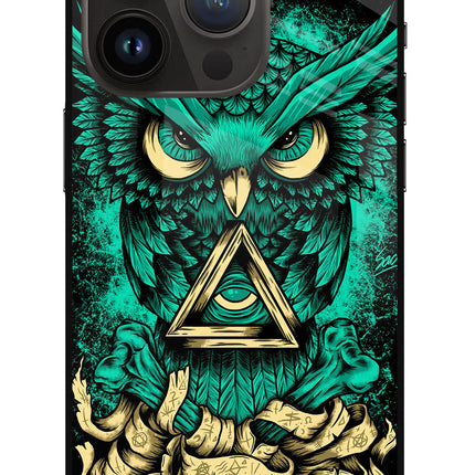 Green Owl iPhone 14 Pro Glass Case Back Cover by Casekaro