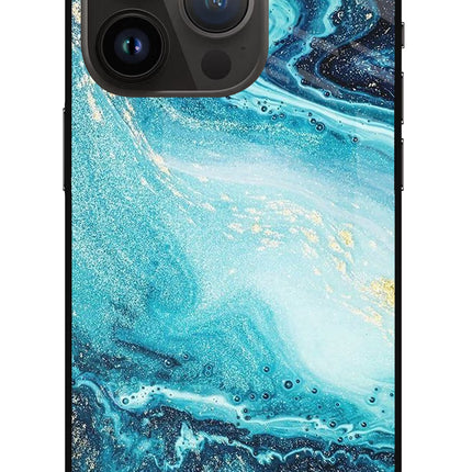 Blue Glitter Marble iPhone 14 Pro Glass Case Back Cover by Casekaro