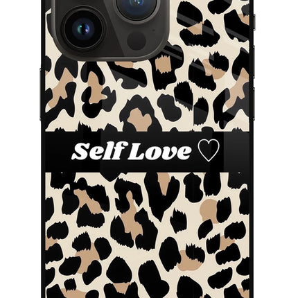 Leopard Print Self Love iPhone 14 Pro Glass Case