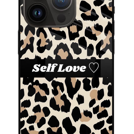 Leopard Print Self Love iPhone 14 Pro Glass Case Back Cover by Casekaro