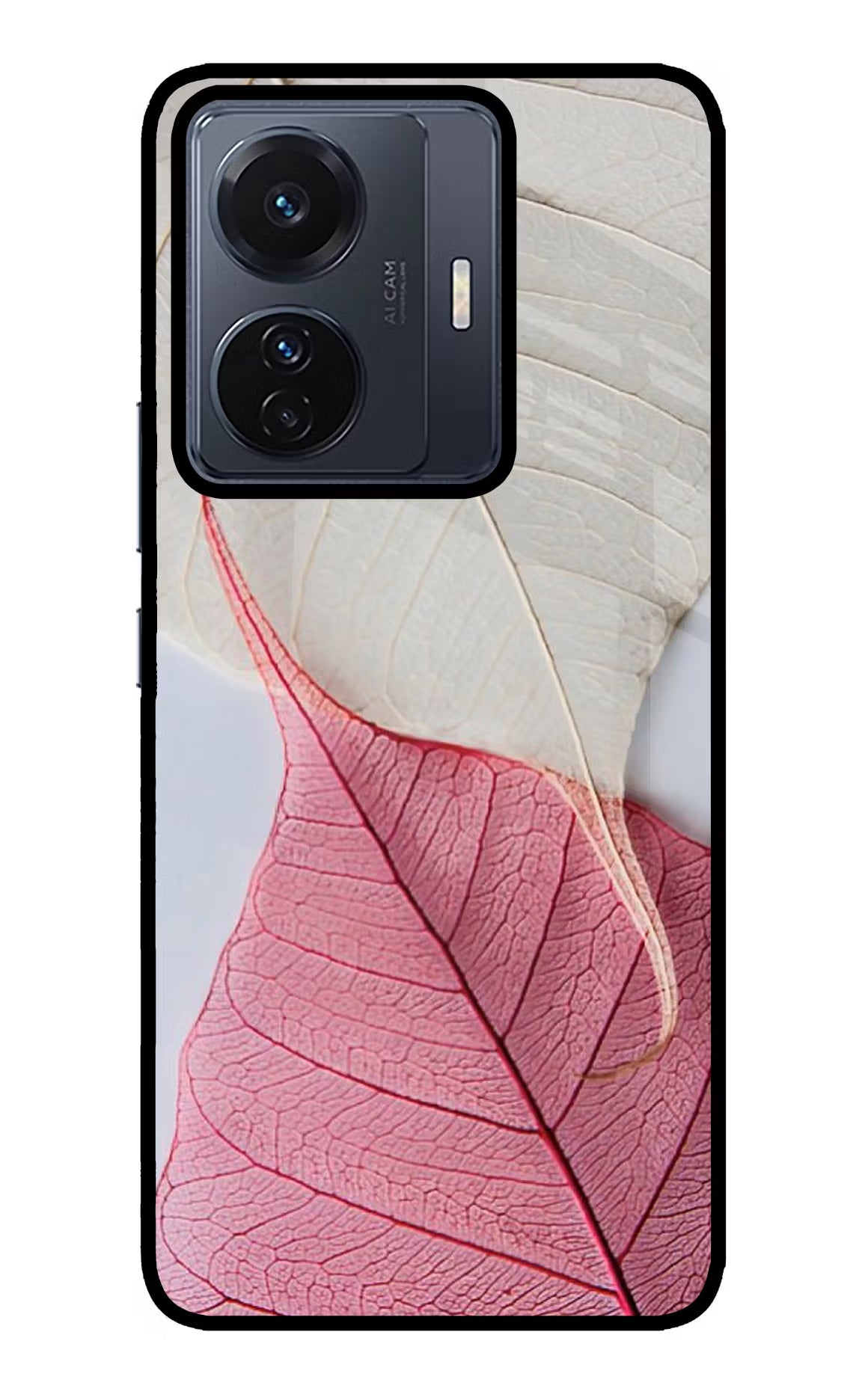 White Pink Leaf Vivo T1 Pro 5G Glass Case Back Cover by Casekaro