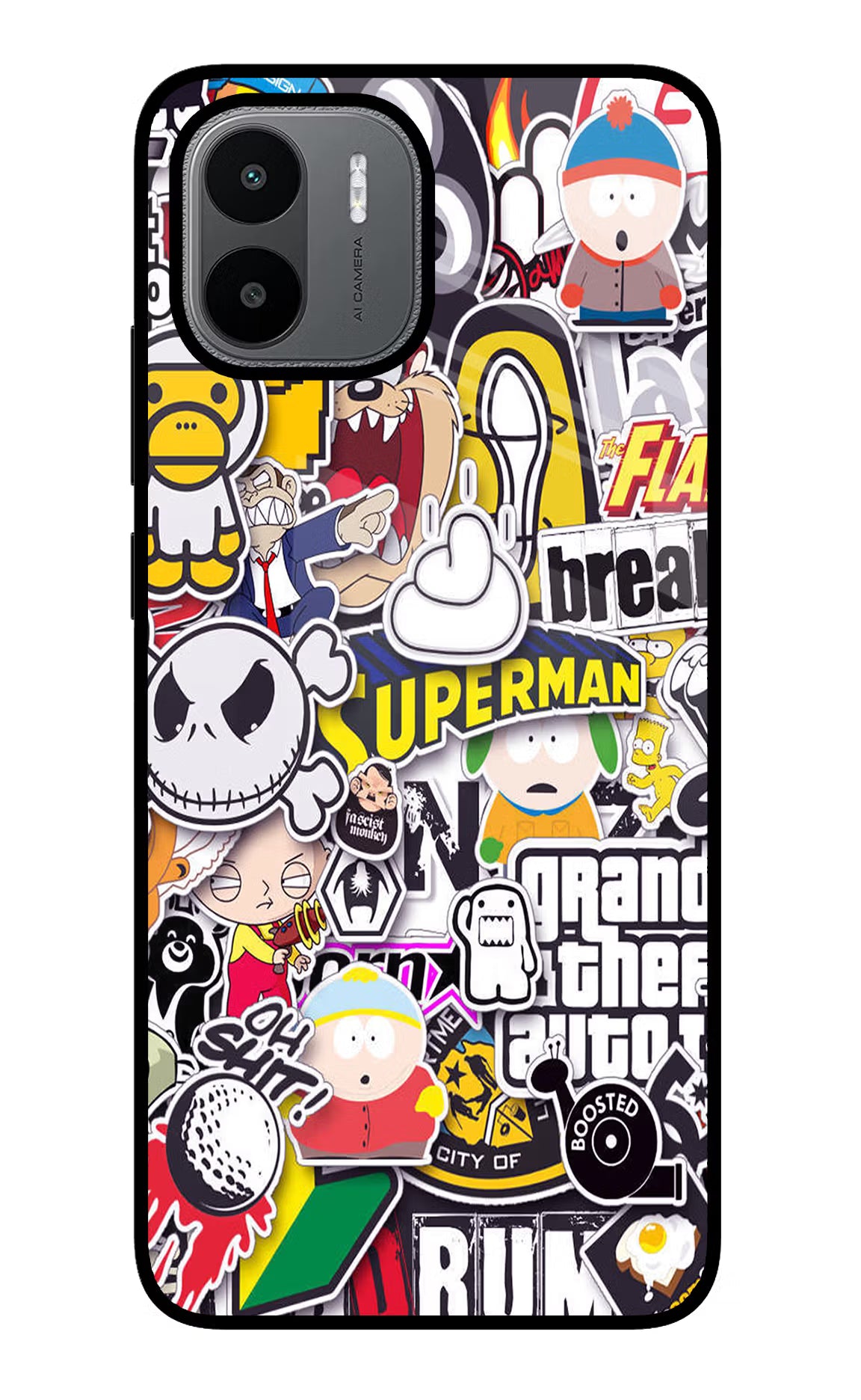 Sticker Bomb Redmi A1/A2 Glass Case Back Cover by Casekaro
