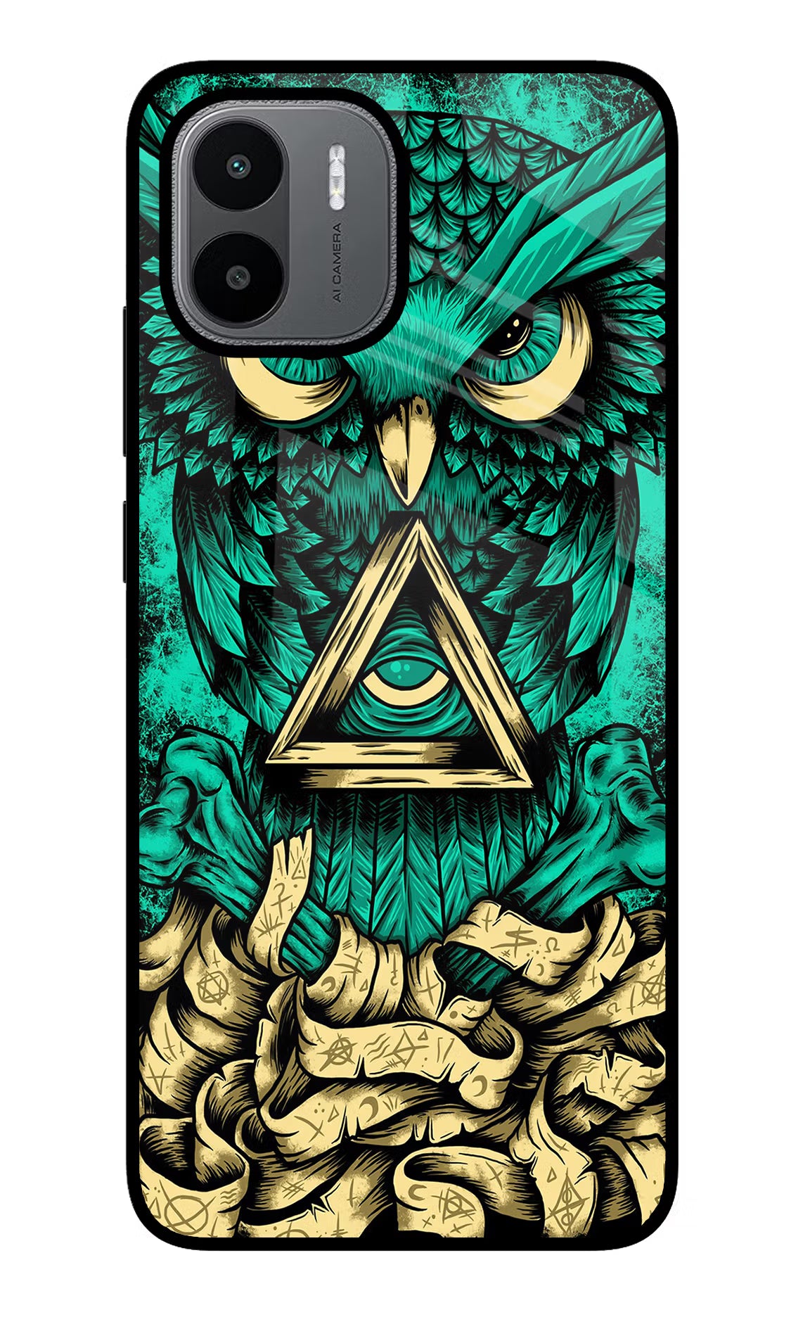 Green Owl Redmi A1/A2 Glass Case Back Cover by Casekaro