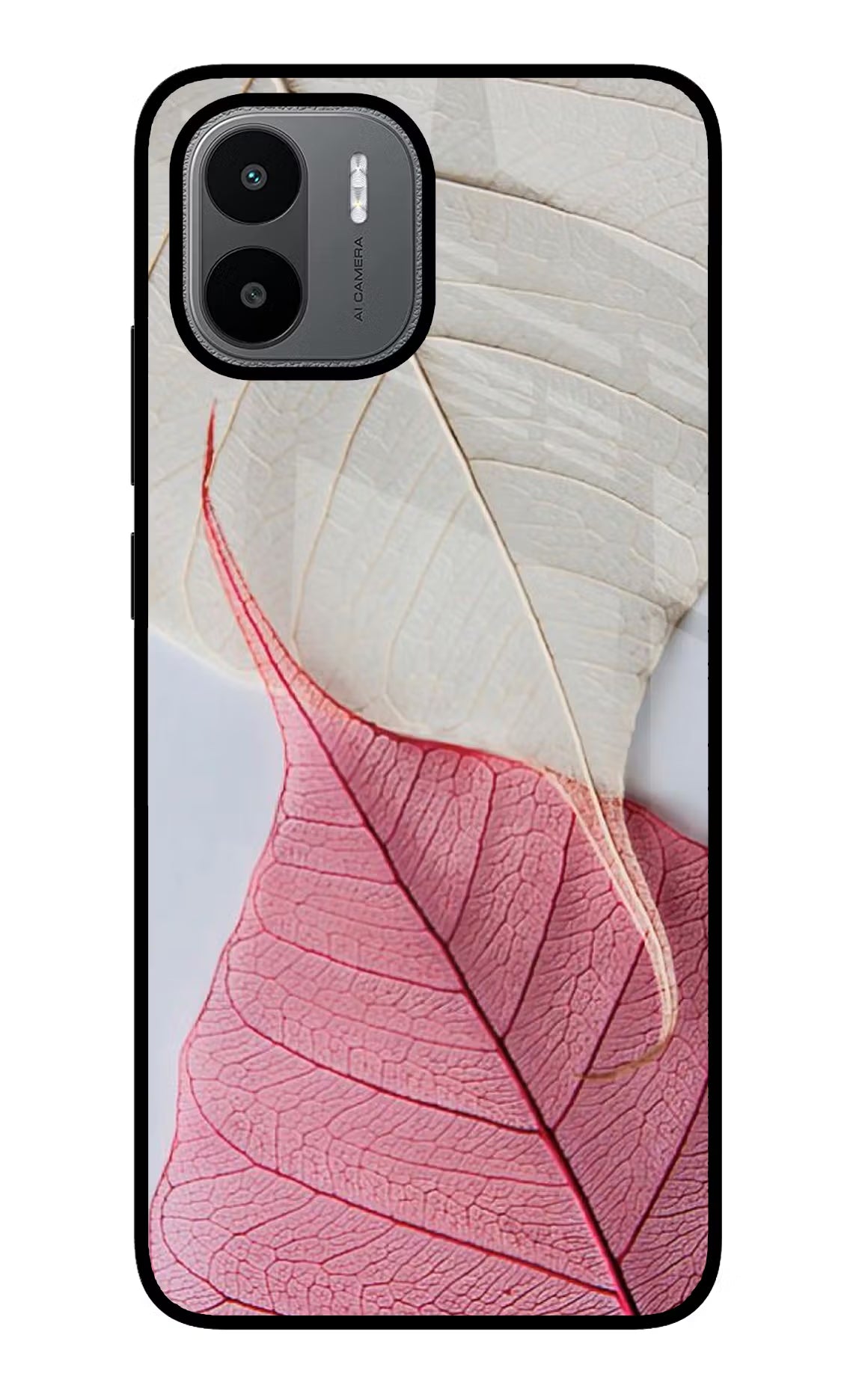 White Pink Leaf Redmi A1/A2 Glass Case Back Cover by Casekaro