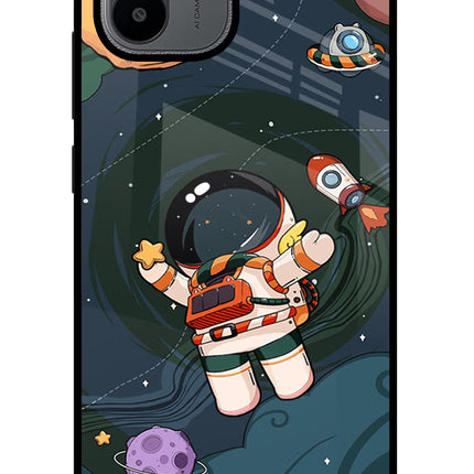 Cartoon Astronaut Redmi A1/A2 Glass Case Back Cover by Casekaro