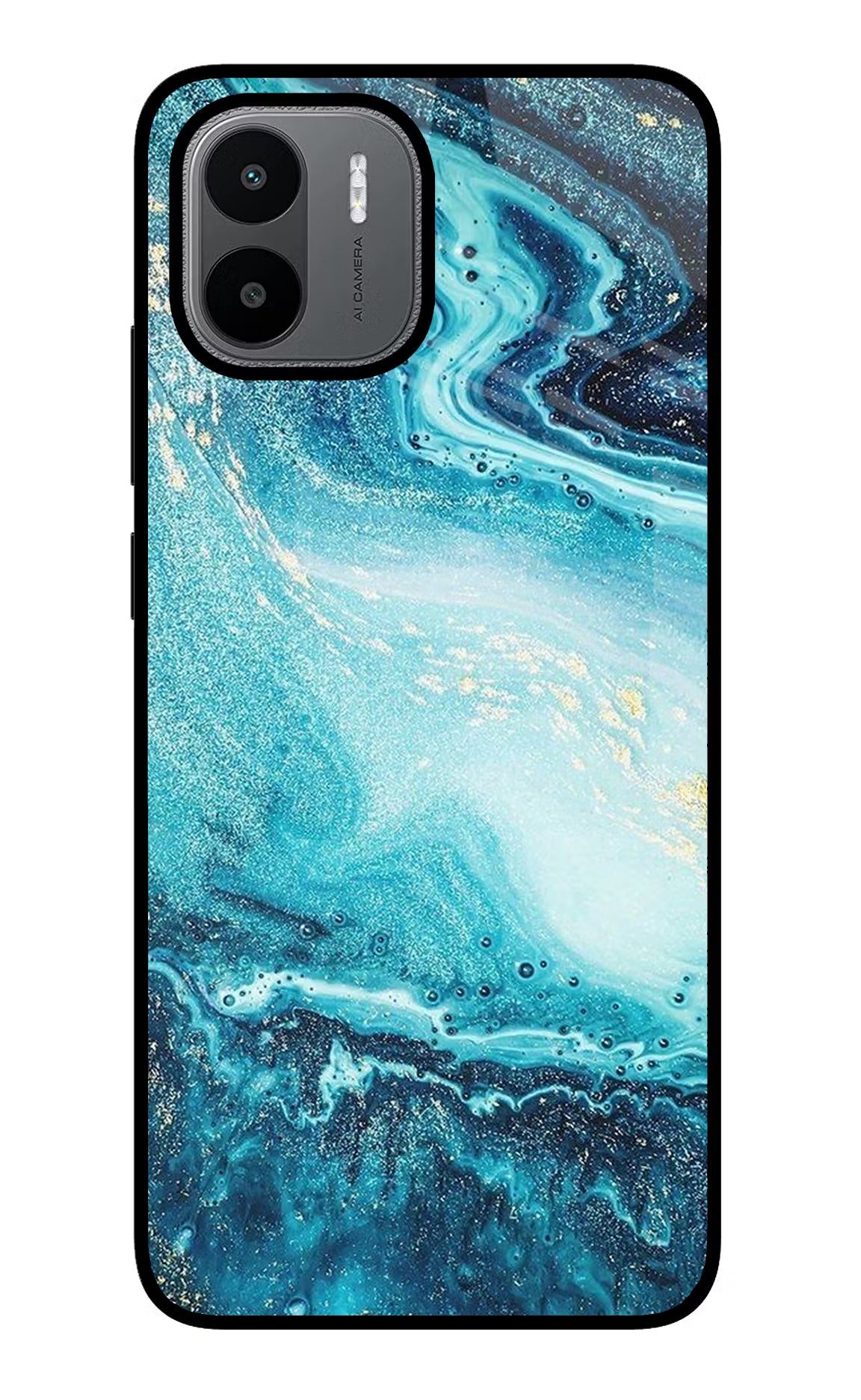Blue Glitter Marble Redmi A1/A2 Glass Case Back Cover by Casekaro
