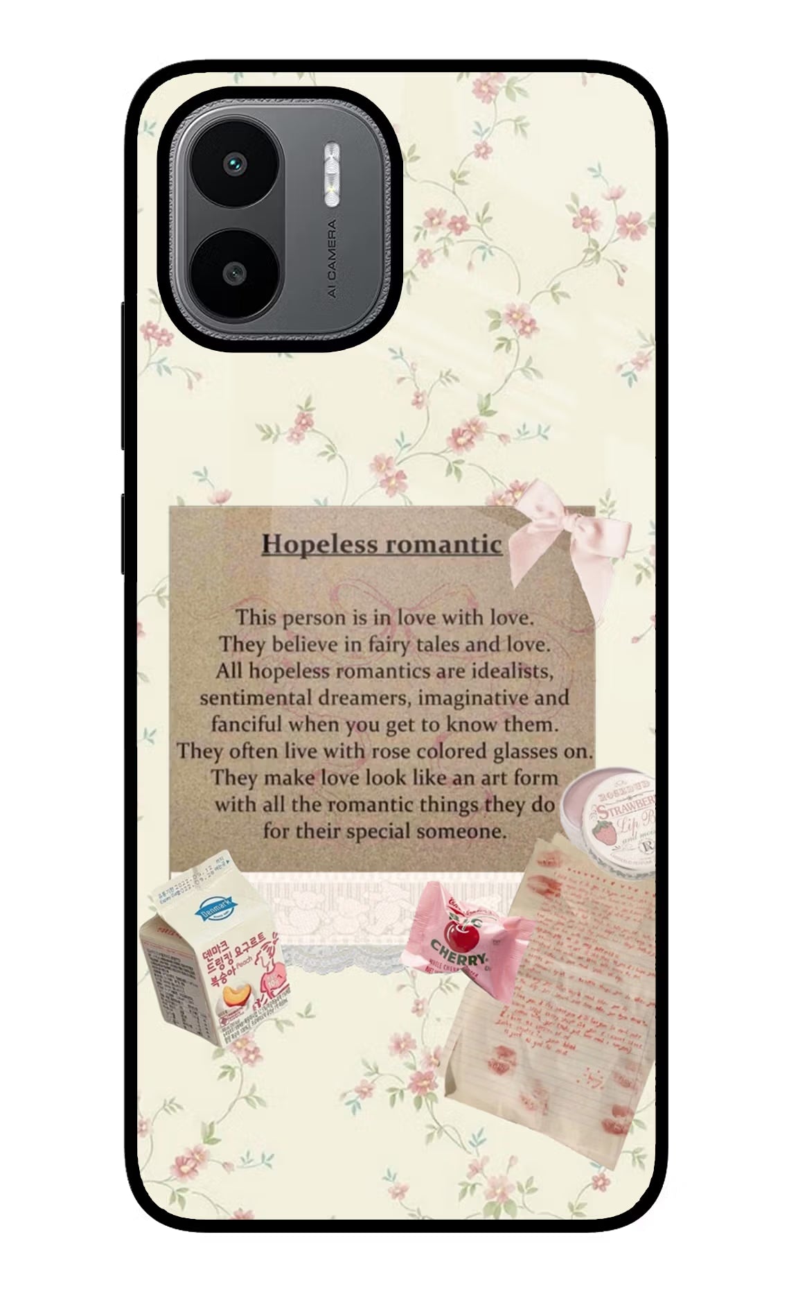 Hopeless Romantic Redmi A1/A2 Glass Case Back Cover by Casekaro