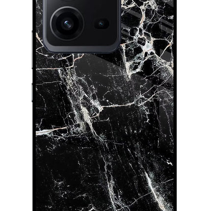 Black Marble Texture Vivo V25 5G Glass Case Back Cover by Casekaro