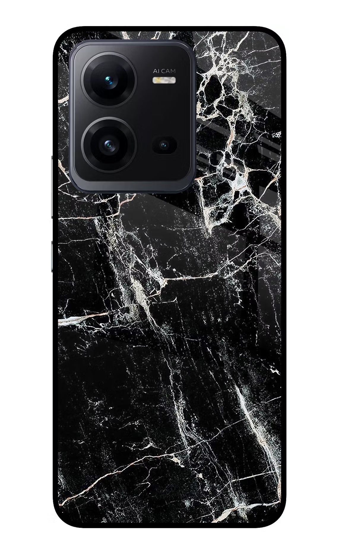 Black Marble Texture Vivo V25 5G Glass Case Back Cover by Casekaro