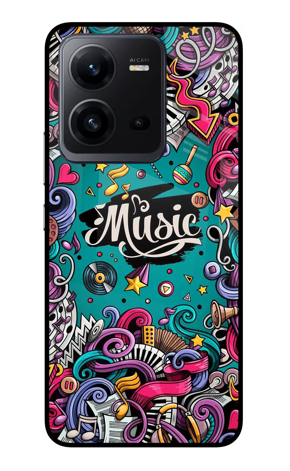 Music Graffiti Vivo V25 5G Glass Case Back Cover by Casekaro