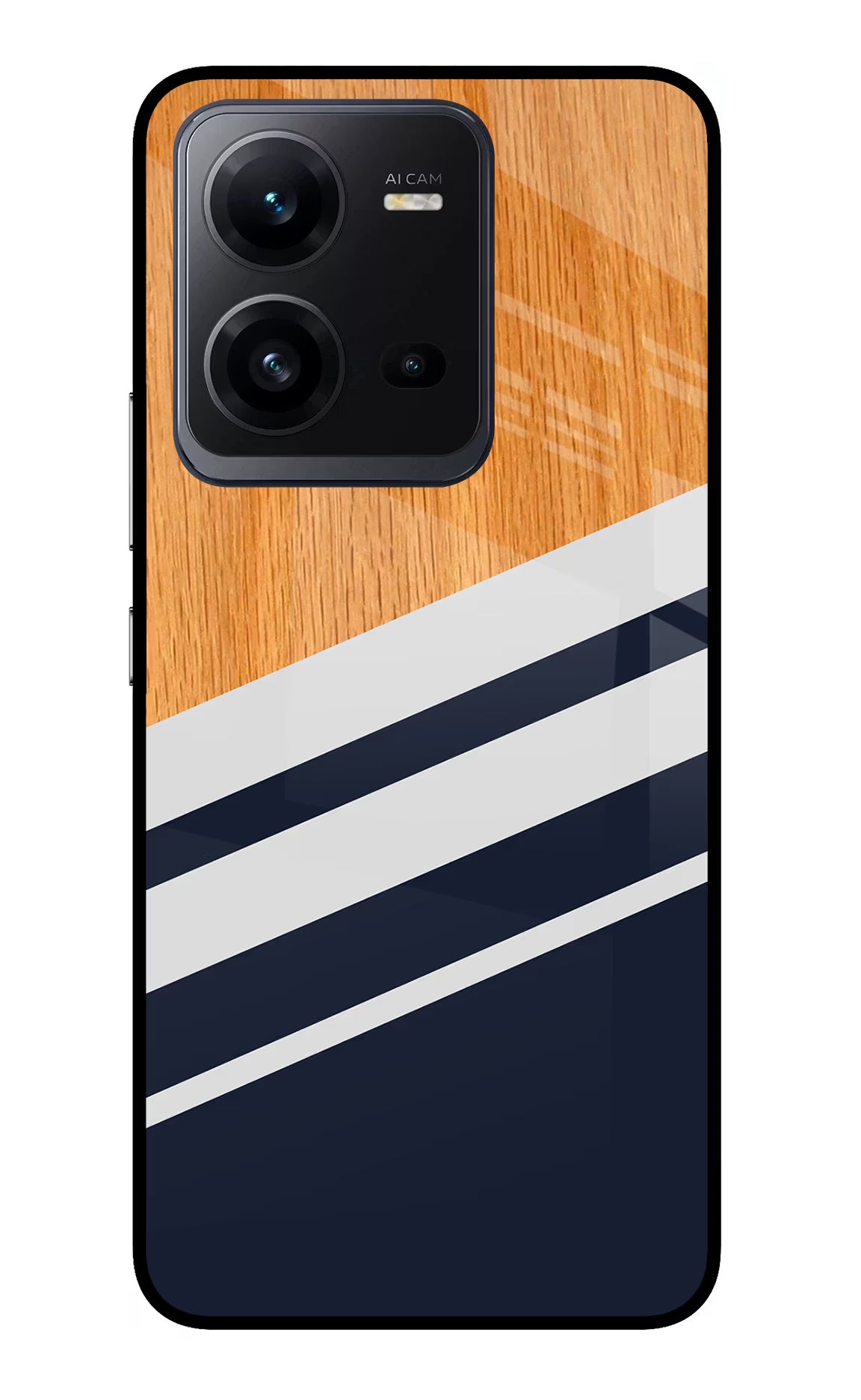 Blue and white wooden Vivo V25 5G Glass Case Back Cover by Casekaro