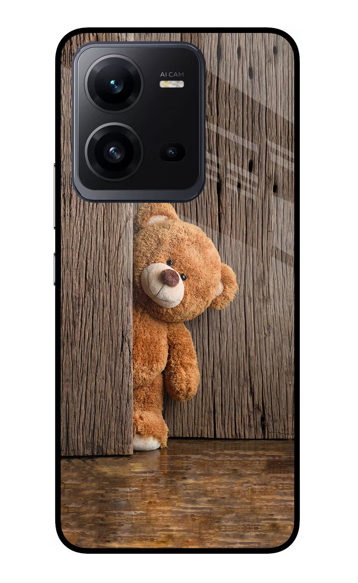 Teddy Wooden Vivo V25 5G Glass Case Back Cover by Casekaro