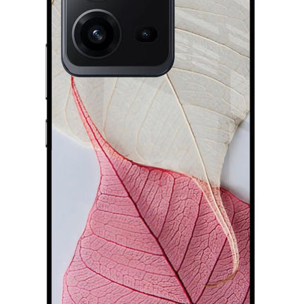 White Pink Leaf Vivo V25 5G Glass Case Back Cover by Casekaro