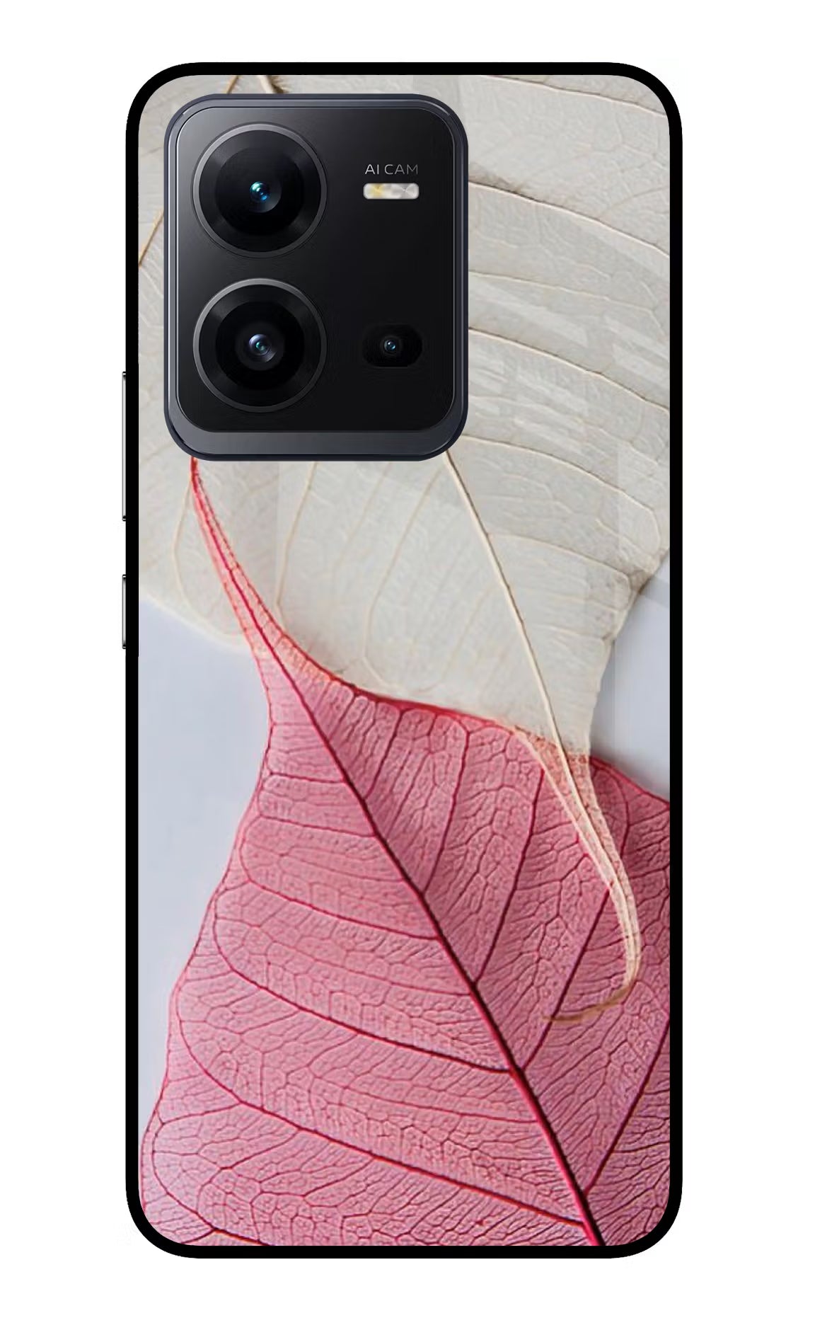 White Pink Leaf Vivo V25 5G Glass Case Back Cover by Casekaro