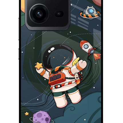 Cartoon Astronaut Vivo V25 5G Glass Case Back Cover by Casekaro