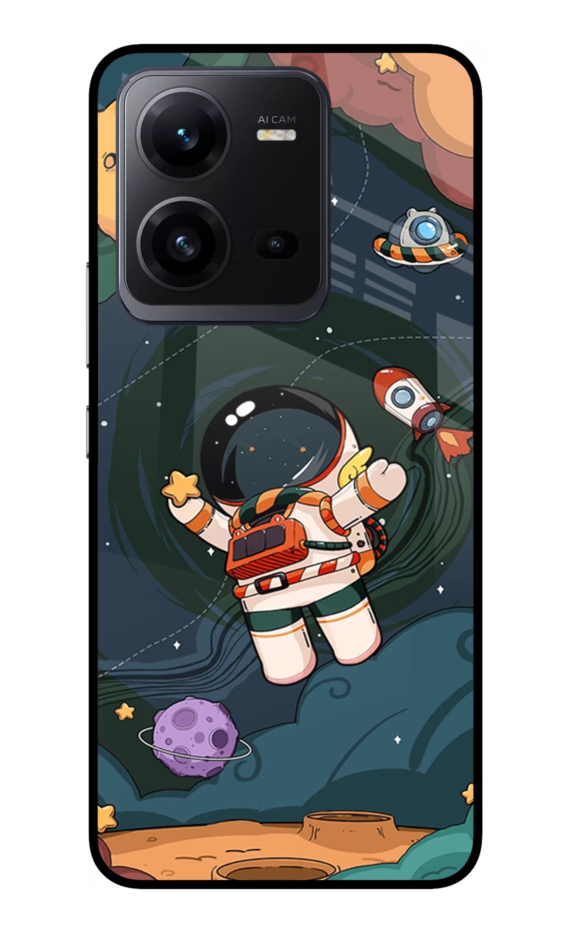 Cartoon Astronaut Vivo V25 5G Glass Case Back Cover by Casekaro