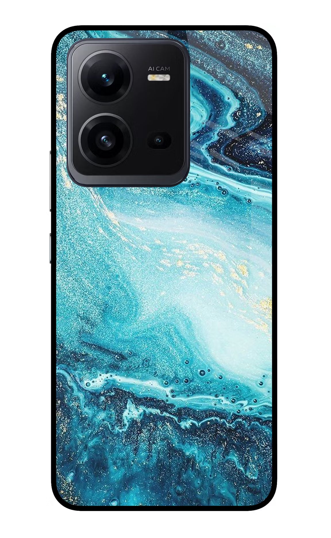 Blue Glitter Marble Vivo V25 5G Glass Case Back Cover by Casekaro
