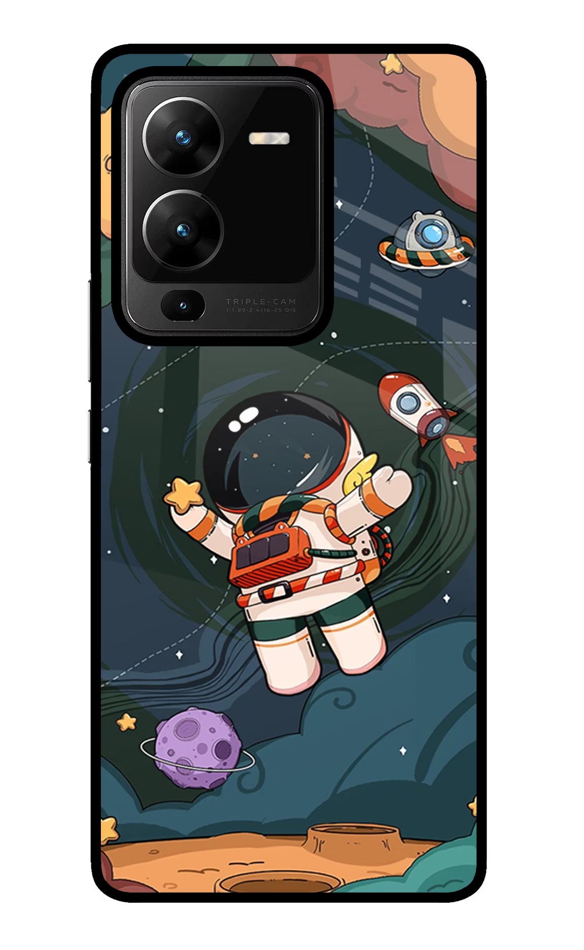 Cartoon Astronaut Vivo V25 Pro 5G Glass Case Back Cover by Casekaro