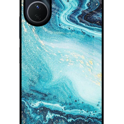 Blue Glitter Marble Vivo Y16 Glass Case Back Cover by Casekaro