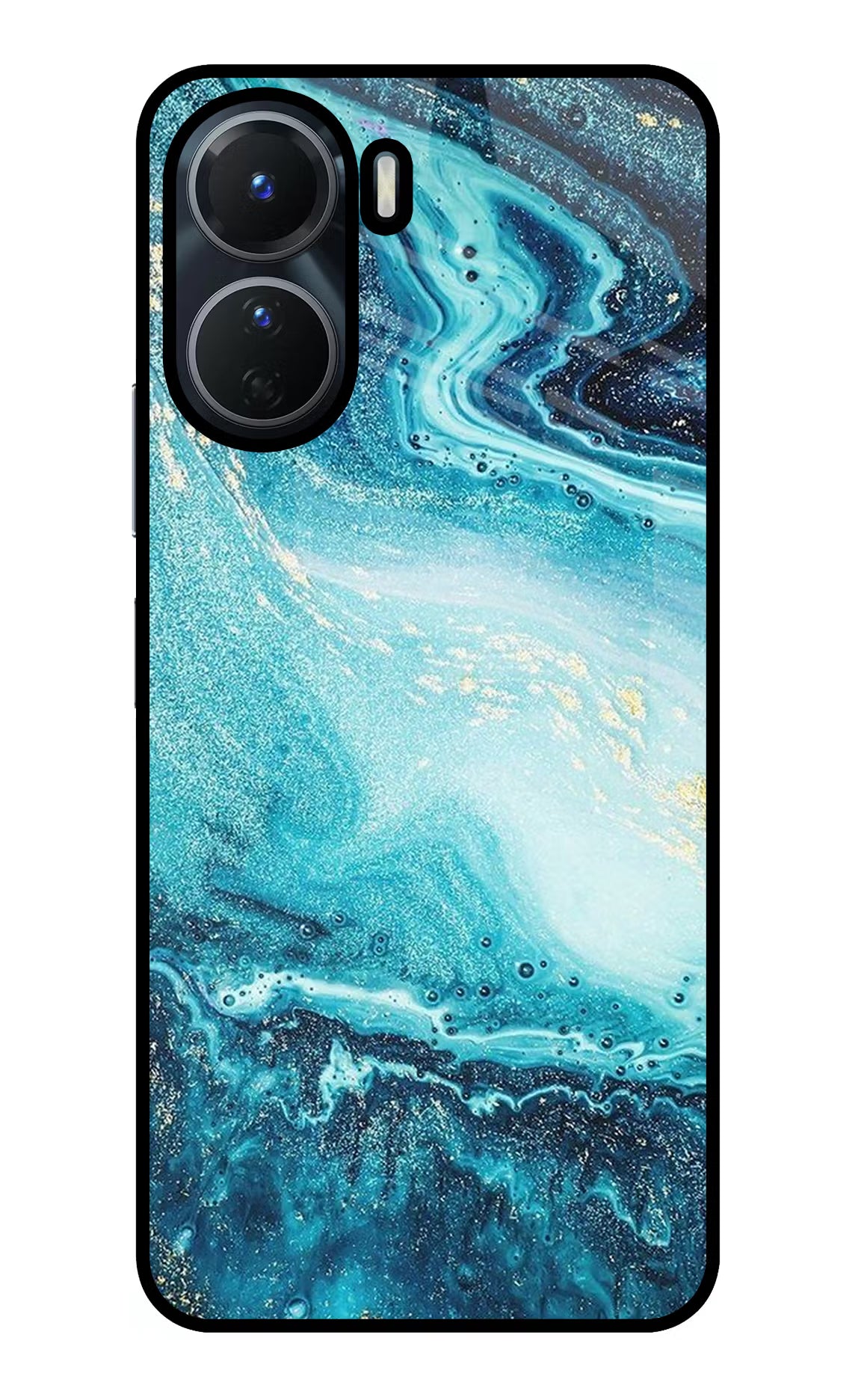 Blue Glitter Marble Vivo Y16 Glass Case Back Cover by Casekaro