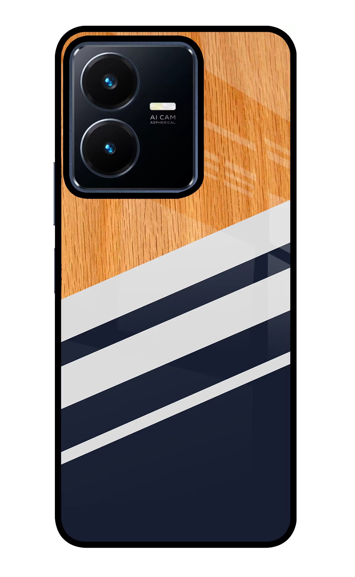 Blue and white wooden Vivo Y22 Glass Case Back Cover by Casekaro