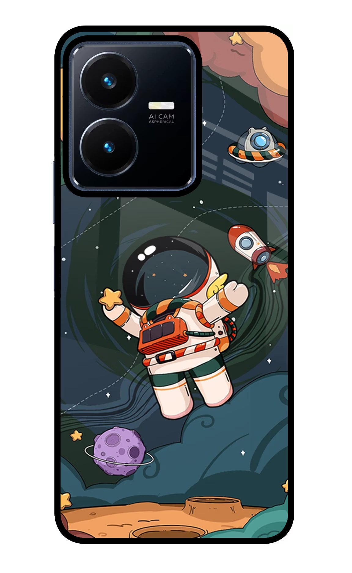 Cartoon Astronaut Vivo Y22 Glass Case Back Cover by Casekaro