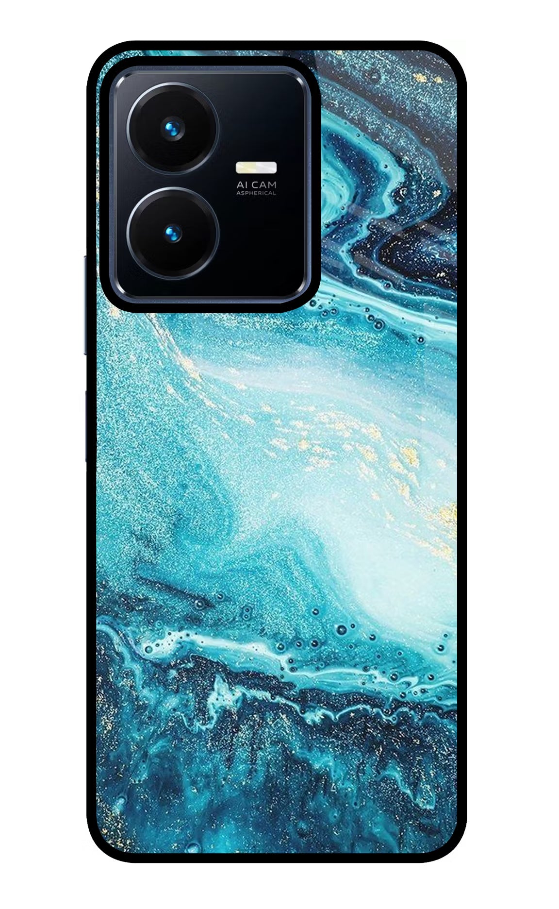 Blue Glitter Marble Vivo Y22 Glass Case Back Cover by Casekaro