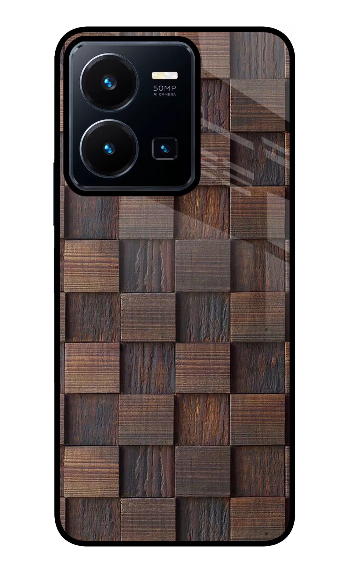 Wooden Cube Design Vivo Y35 Glass Case Back Cover by Casekaro