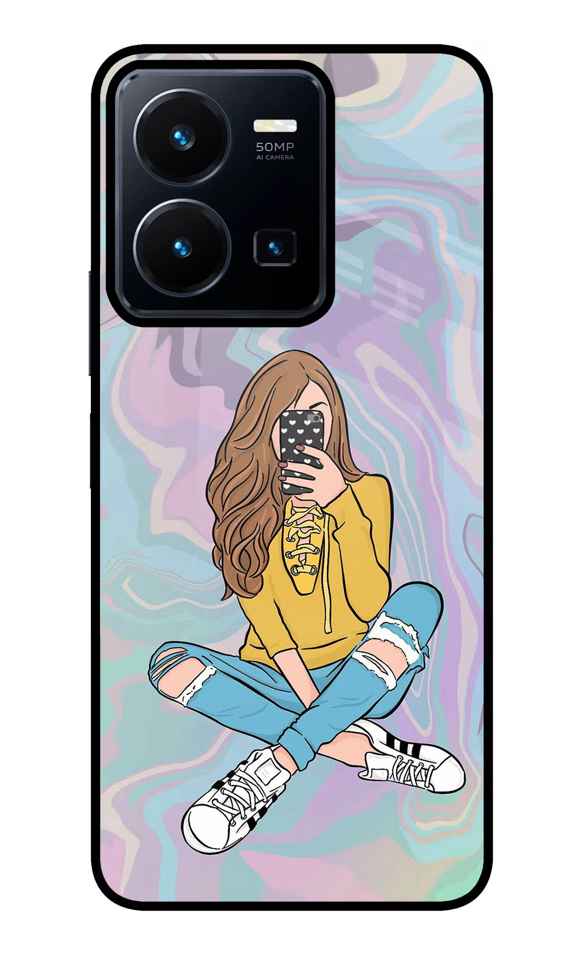 Selfie Girl Vivo Y35 Glass Case Back Cover by Casekaro
