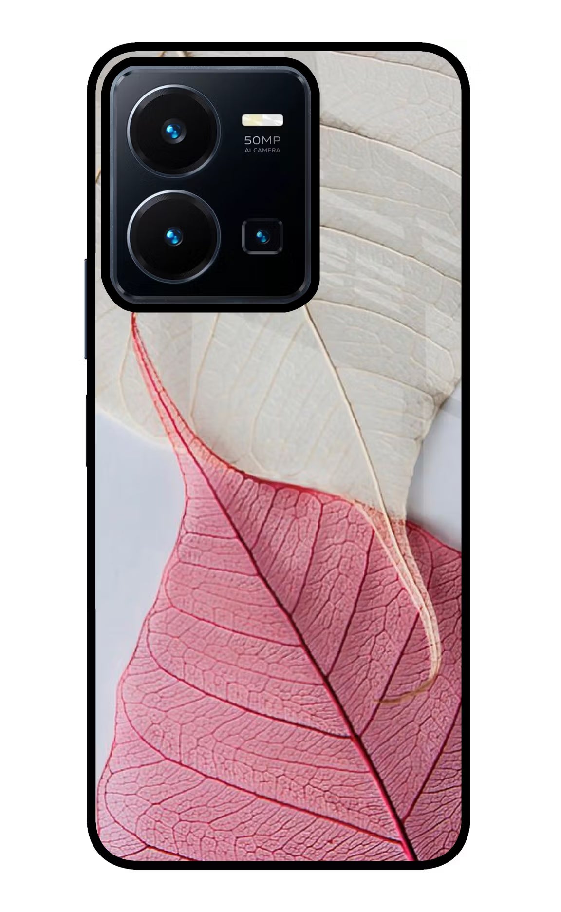 White Pink Leaf Vivo Y35 Glass Case Back Cover by Casekaro