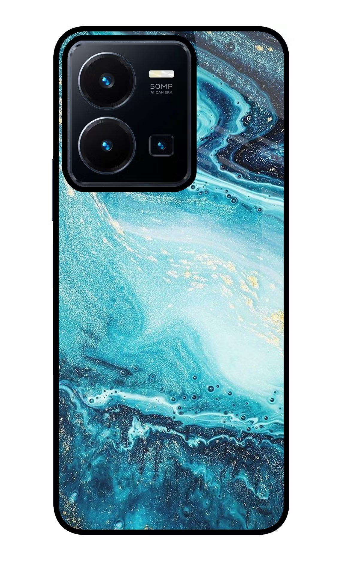 Blue Glitter Marble Vivo Y35 Glass Case Back Cover by Casekaro