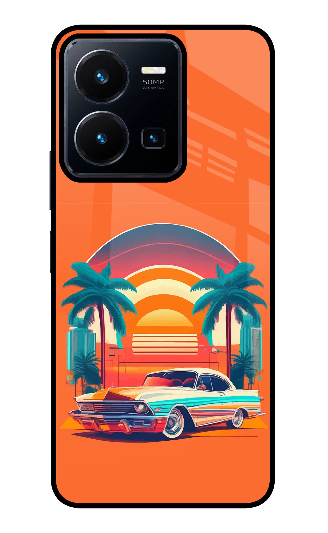 Palm Drive 80s Vivo Y35 Glass Case Back Cover by Casekaro