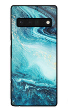 Blue Glitter Marble Google Pixel 6 Pro Glass Case Back Cover by Casekaro