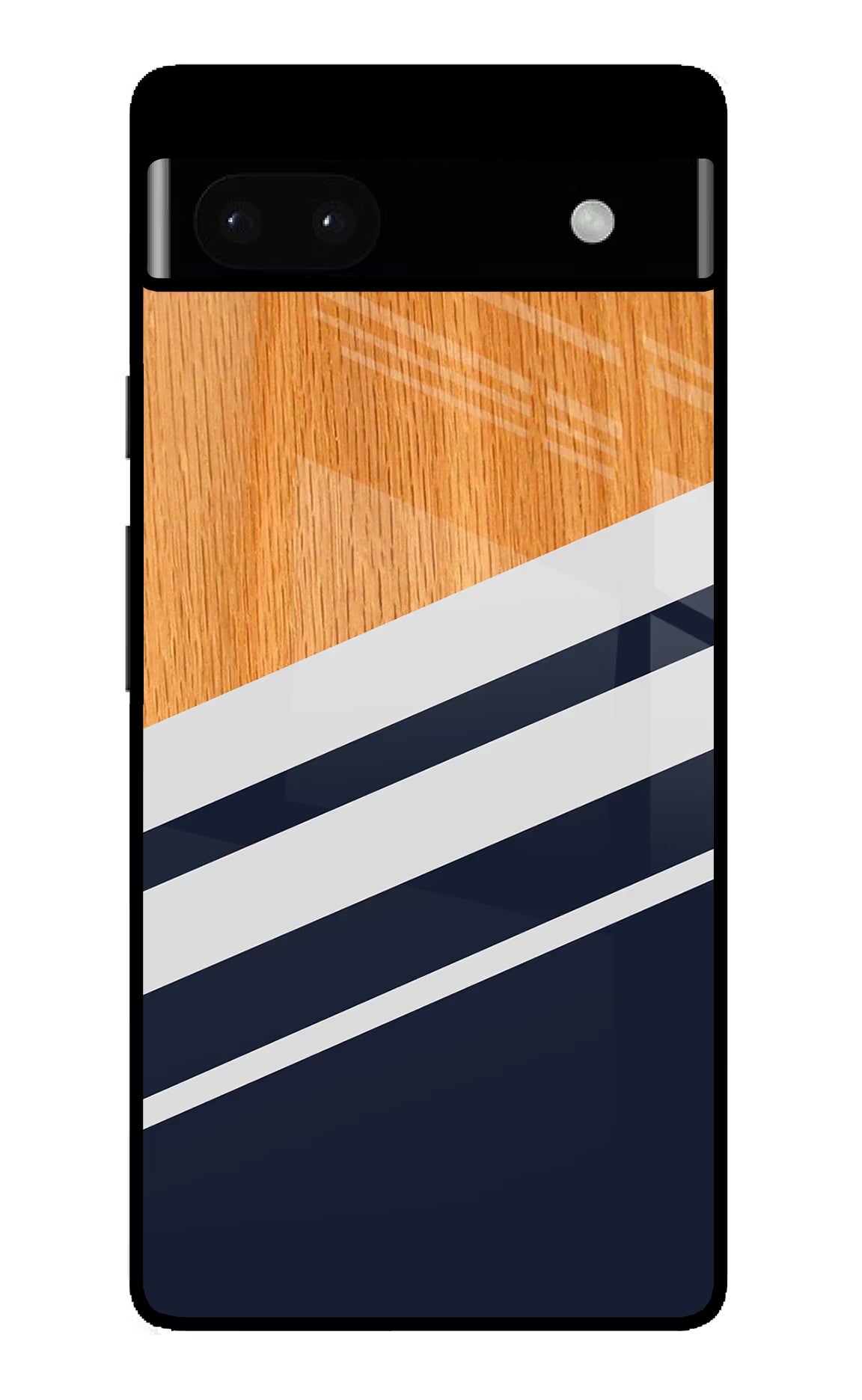 Blue and white wooden Google Pixel 6A Glass Case