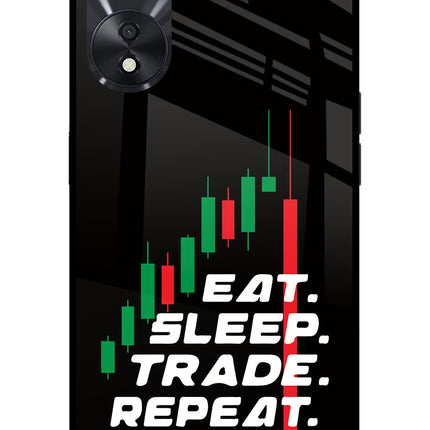 Eat Sleep Trade Repeat Oppo A78 5G Glass Case Back Cover by Casekaro