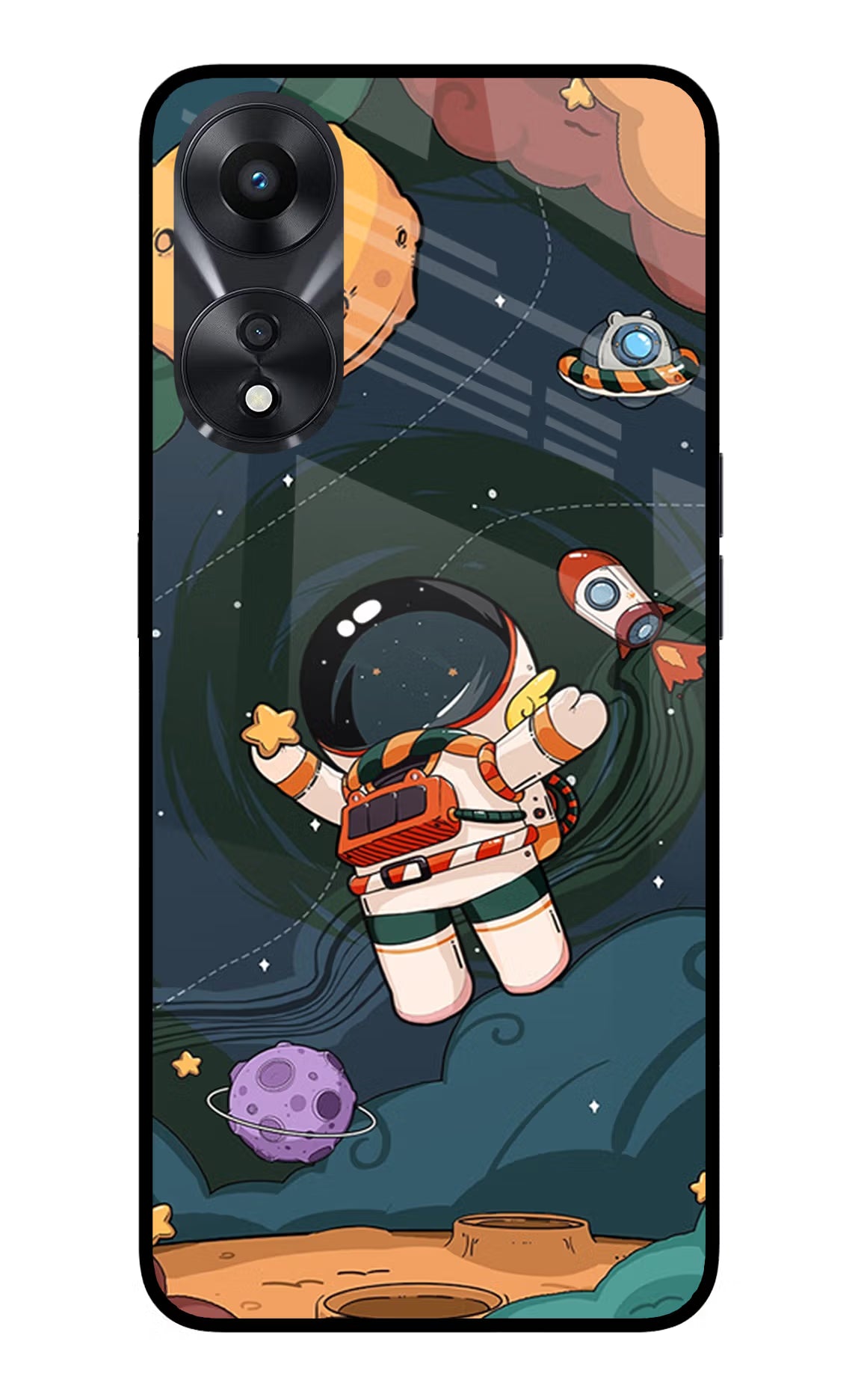 Cartoon Astronaut Oppo A78 5G Glass Case Back Cover by Casekaro