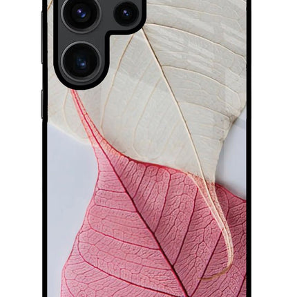 White Pink Leaf Samsung S23 Ultra Glass Case Back Cover by Casekaro