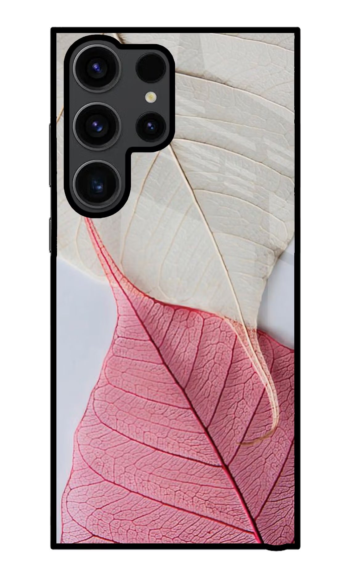 White Pink Leaf Samsung S23 Ultra Glass Case Back Cover by Casekaro