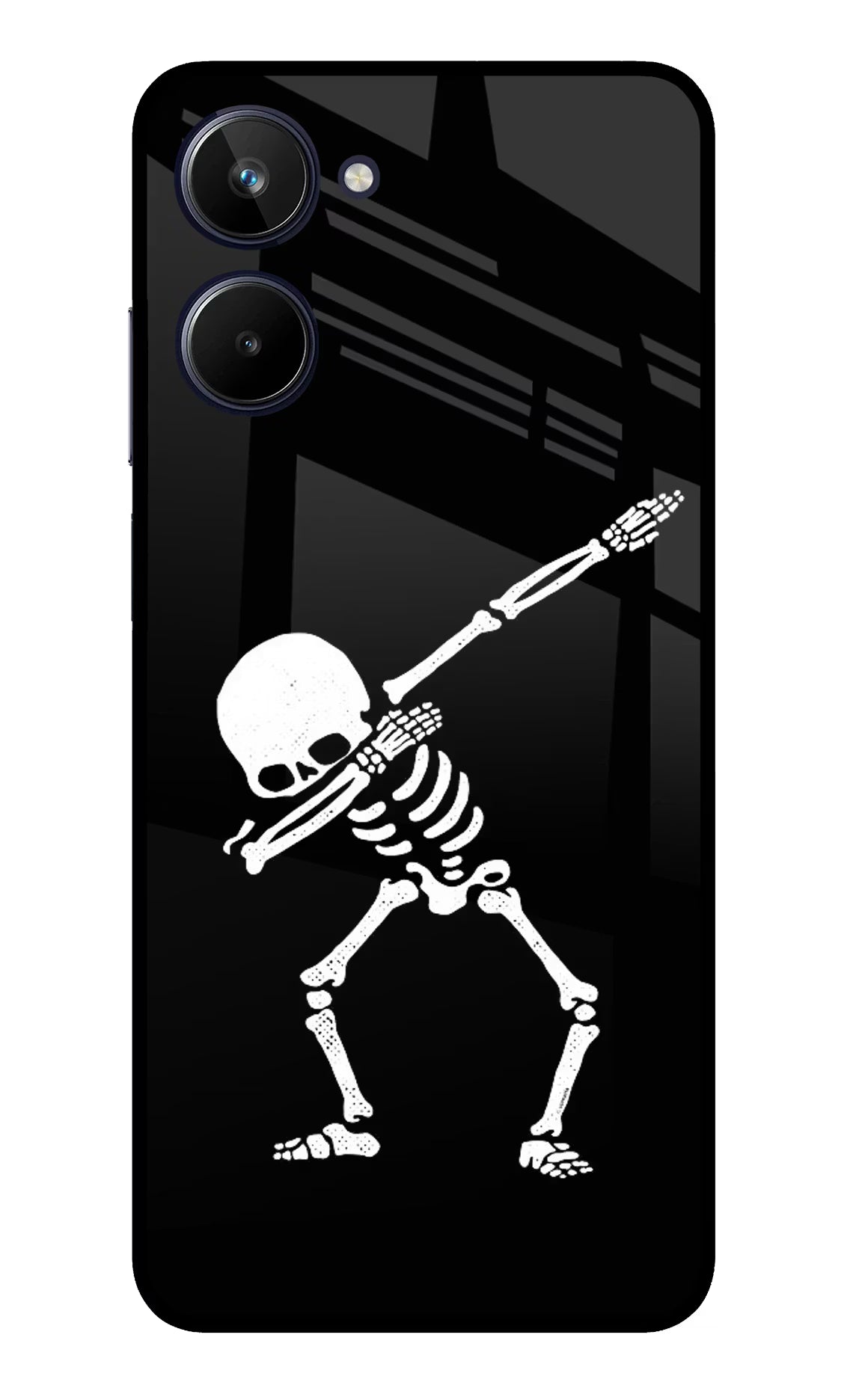 Dabbing Skeleton Art Realme 10 Glass Case Back Cover by Casekaro